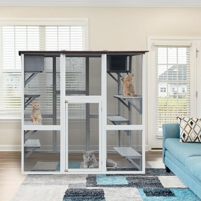 71"Wx71"H Outdoor Wooden Large Pet Enclosure With Weatherproof Asphalt Roof,6 Jumping Platforms And 2 Napping Houses,Cat Shelter -Maison Boucle