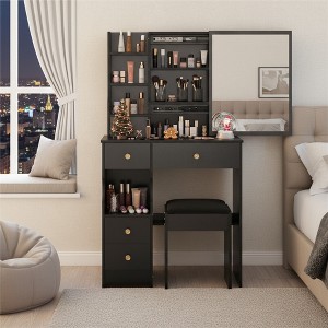 FONTOI 29.2"W/37"W/41"W Makeup Vanity Table Desk with Mirror Left Bedside Cabinet Stool Dresser Set for Woman Bedroom Dressing Room, Black/White - 1 of 4