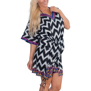 LA LEELA Women's Beachwear Summer Swim Beach Cover Ups for Swimwear Women Swimsuit Coverups for Women Mini Duster Dress Medium Black, Chevron - 1 of 3