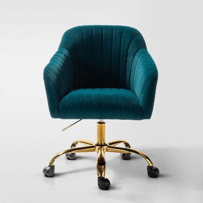 Alex Velvet Height-adjustable Swivel Task Office Chair with Channel-tufted Back and Gold Metal Base | Karat Home