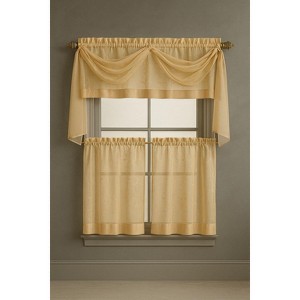 Kate Aurora Complete 4 Piece Linen Leaf Embroidered Complete Kitchen Curtain Set - 1 of 3