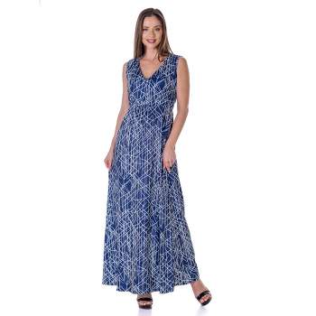 24seven Comfort Apparel Womens Navy Abstract  Print V Neck Empire Waist Sleeveless Maxi Dress