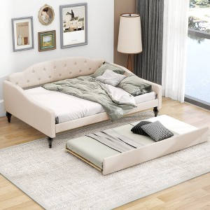NicBex Full Size Daybed with Trundle Linen Fabric Day Bed with Waved Arms and Tufted Button for Living Room and Bedroom, Beige - 1 of 4