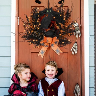 22 Inch Halloween Wreaths for Front Door, Magical Theme Vintage Gothic Wreath with Owl, Black Cat & Decorative Bow, Halloween Decoration