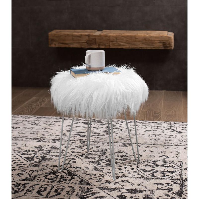 BirdRock Home Round Faux Fur Foot Stool Ottoman - White with Silver Legs, 2 of 5