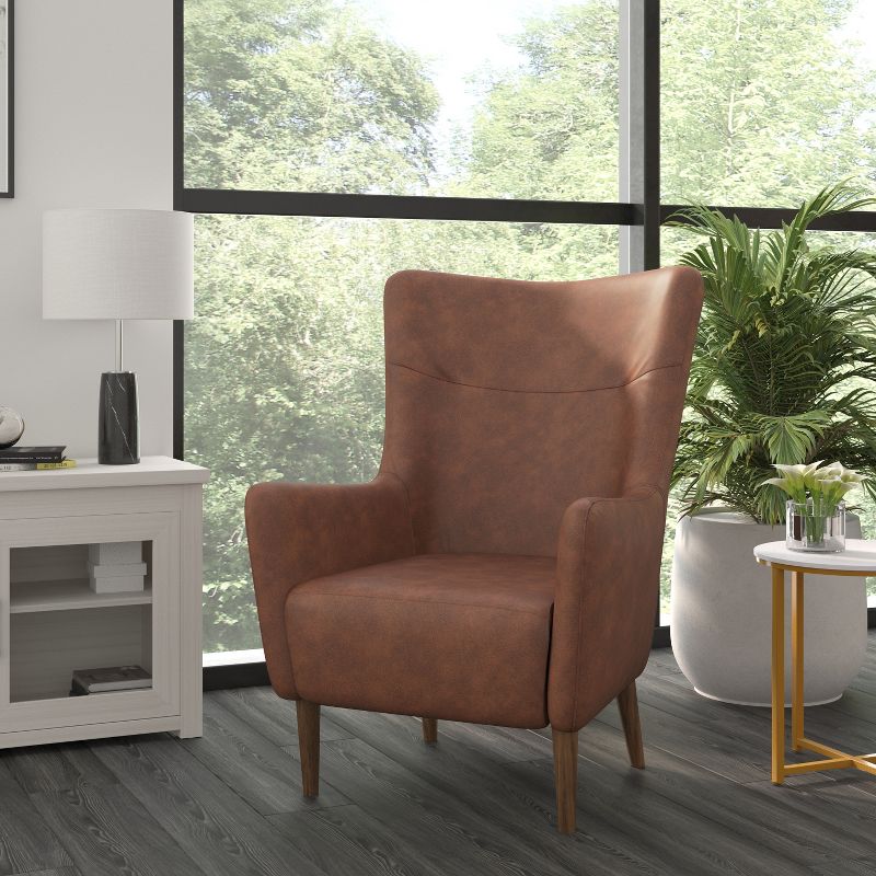 Emma and Oliver Traditional Wingback Accent Chair, Faux Leather Upholstery and Wooden Frame and Legs, 2 of 11