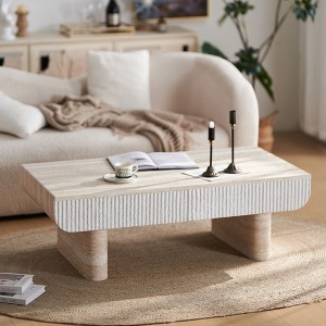 CAVINAS Wood Tone Coffee Table,Tea Table with Faux Marble Tabletop,Fluted Drawer,Double Pedestal Base,46.9" Center Table for Living Room,Office - 1 of 4