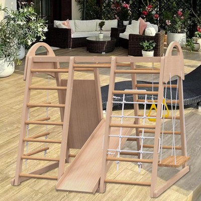 Indoor Playground 7-in-1 Jungle Gym Playset for Kids 2-6yrs, Waldorf and Montessori Style Wooden Climb Set