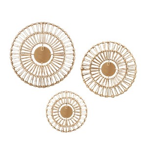 3pc Ella Round Natural Fiber and Mirror Wall Decor Set Natural - Madison Park: Iron Frames, Corn Husks, Boho Style - 1 of 4