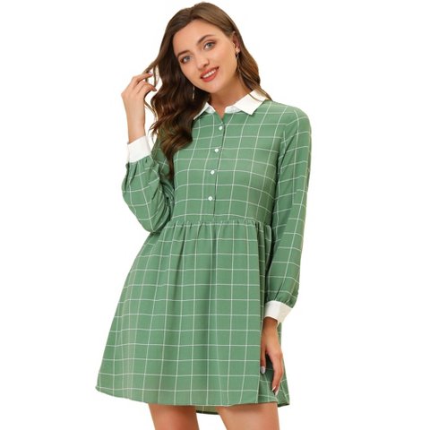 Женские платья INSPIRE CHIC Women's Plaid Long Sleeve Button Contrast Point Collar Shirt Dress Small Green