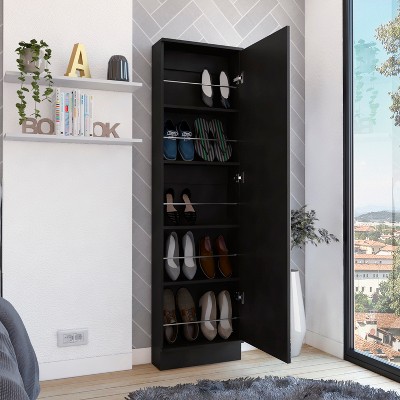 Vynxaria Modern Shoe Rack with Mirror - Single Door Cabinet, Five Adjustable Shelves, Black, Compact Design for Entryways