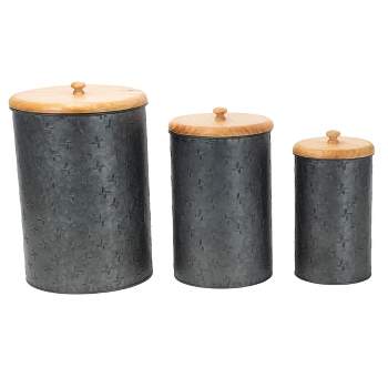 Set of 3 Black Embossed Galvanized Metal Decorative Storage Canisters - Foreside Home & Garden
