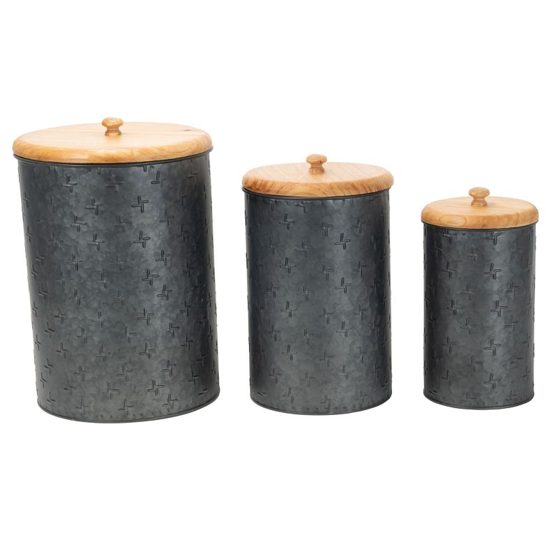 Set of 3 Black Embossed Galvanized Metal Decorative Storage Canisters - Foreside Home & Garden, 1 of 8