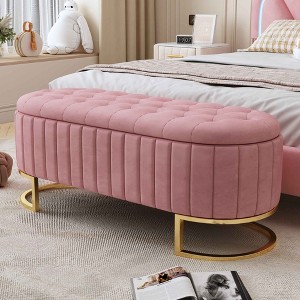 CAVINAS Oval Velvet Storage Ottoman Bench,Upholstered Ottoman with Metal Legs and Button-Tufted for Living Room,Bedroom,Pink/Beige - 1 of 4