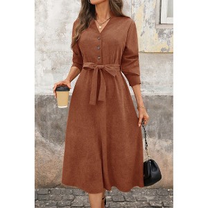 brown button front dress Attraco Women's Notch V-Neck Corduroy Midi Long Sleeve Self-Tie Waist A-Line Dress L : Target Landon Chocolate Mesh Ballet Long sleeve global-style-Corrine Midi Dress Length:28 Crafted for warmth and