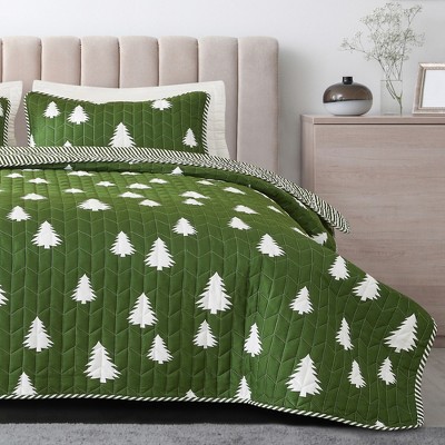Reversible Olive Green Printed Quilt Set with Shams - Great Bay Home