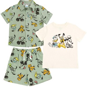 Disney Mickey Mouse Cotton Gauze Button Down Shirt, T-Shirt and Shorts 3 Piece Outfit Set Toddler Sizes (12 Months - 7-8) - 1 of 4