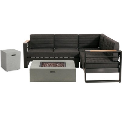 Christopher Knight Home Layla Patio 5 Pieces Aluminum Seating sets with Firepit, Black/Gray