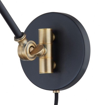 Patina Brass and Black Adjustable Wall Sconce with White Linen Shade