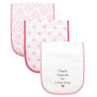 Luvable Friends Baby Girl Cotton Burp Cloths with Fiber Filling 3pk, Girl Thank Heaven, One Size