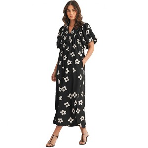 Knit & Lounge Women’s Floral Print Maxi Dress Puff Short Sleeves Smocked Bust Deep V-Neckline Flowing Silhouette - 1 of 4