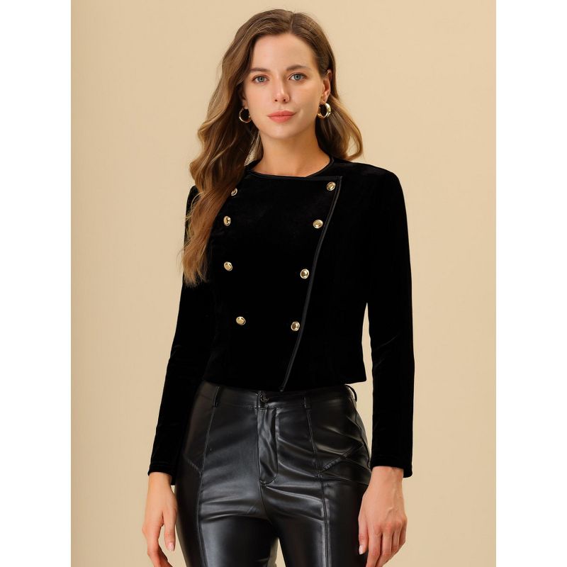 Allegra K Women's Double Breasted Notched Lapel Velvet Cropped Jacket, 2 of 6