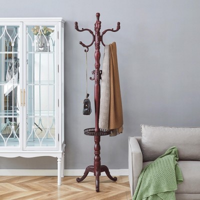 ?Vynxaria 77" Walnut Wood & Stainless Steel Multi-Functional Coat Rack with Disc