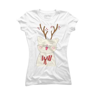 Junior's Design By Humans Christmas cat By Rasheb T-Shirt - 1 of 3