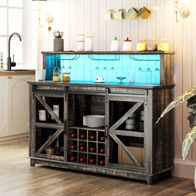 HOMCOM Farmhouse Coffee Bar Cabinet with LED Lights and Sliding Barn Doors, 55" Wine Bar Cabinet with Wine Racks and Glass Holder, Distressed Brown