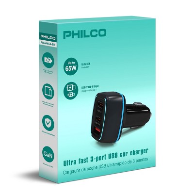 PHILCO 45W  2 USB-C + 1 USB-A Car Charger PD, Compact 12V/24V Vehicle Charger