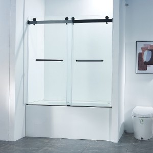 Zevemomo 56-60"W x 60"H Frameless Double Sliding Tub Shower Door, 304 Stainless Steel in Matte Black, 5/16" (8mm) Thick Tempered Clear Glass - 1 of 4
