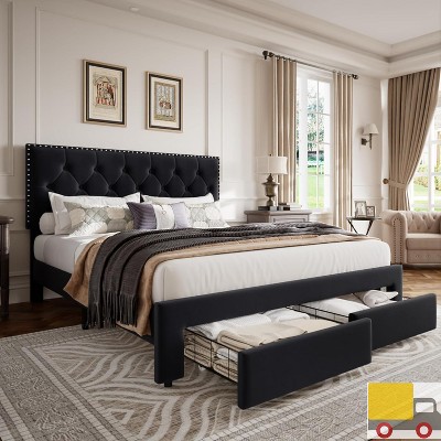 Garvee Upholstered Bed Frame with Storage Drawers, Velvet Platform Bed with Tufted Headboard & Rivets, No Box Spring Needed, Noise Free