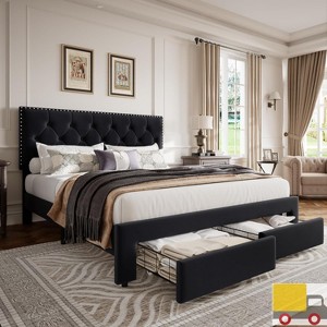 Garvee Upholstered Bed Frame with Storage Drawers, Velvet Platform Bed with Tufted Headboard & Rivets, No Box Spring Needed, Noise Free - 1 of 4