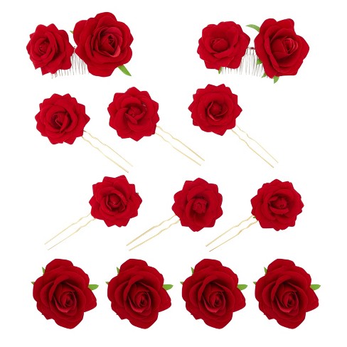 6Pcs Small Red Rose Hair clip - Large Bobby Pins for Thick Hair Flower Pins  Wedding Hair Accessories for Women - Rose Flower Hair Clips for Women's