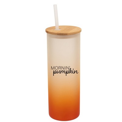 Elanze Designs Mornin' Pumpkin Fall Season Wrap-Around Design 25 Ounce Frosted Gradient Glass On-The-Go Coffee Travel Skinny Tumbler Mug Cup, Bamboo