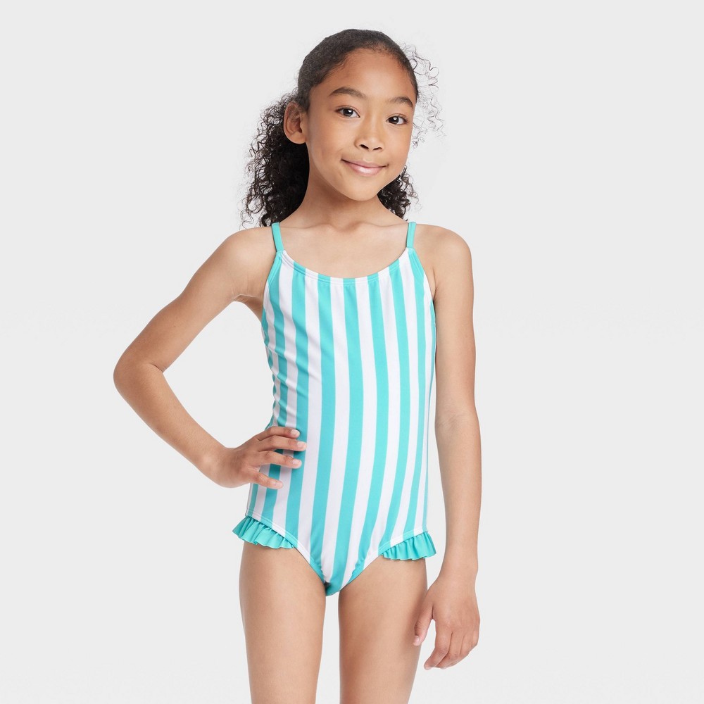 Girls' Striped Sleeveless One Piece Swimsuit - Cat & Jack Blue S