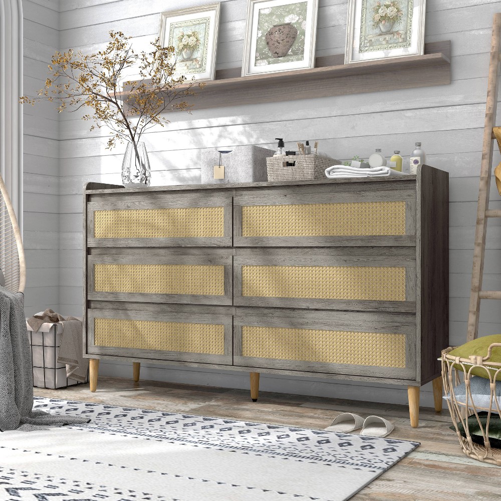 63" Warren 6 Drawer Dresser Vintage Gray Oak - miBasics: Modern Storage for Bedroom, MDF Wood