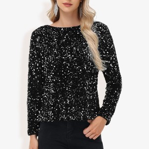 Anna-Kaci Women's Long Sleeve Sequin Top Round Neck Sparkle Blouse - 1 of 4