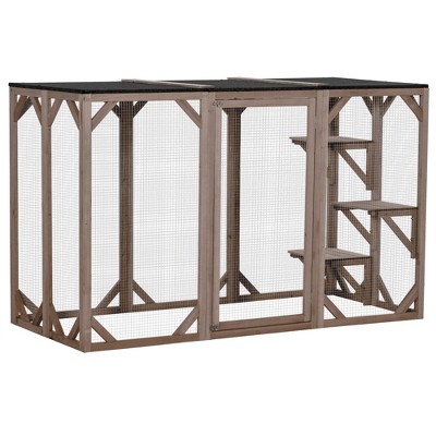 Gsluuk PawHut Outdoor Cat House, Catio Wooden Feral Cat Shelter, Cat Cage with Platforms, Large Enter Door