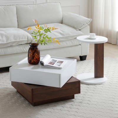 2 Pieces Modern Coffee Tables, Square 360 Degrees Rotating Coffee Table W/2 Drawers, C Shaped End Table, Square Center Table For Living Room Bedroom