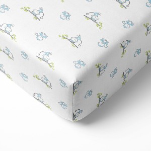 Bacati - Happy Monkeys Blue Muslin 100 percent Cotton Universal Baby US Standard Crib or Toddler Bed Fitted Sheet - 1 of 4