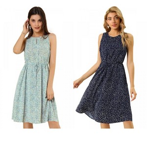 Allegra K Women's Printed Split Neck Drawstring Waist Sleeveless A-Line Floral Midi Dress 2 Packs - 1 of 4