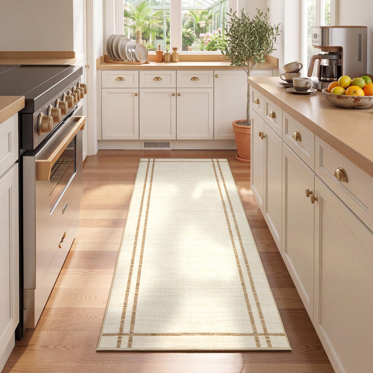 Bordered Washable Area Rug with Non-Slip TPR Backing, Soft Neutral Carpet - thumbnail 3