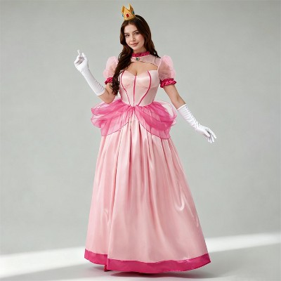 Joyfy Women's Pink Fairy Princess Costume Set with Crown & Gloves | Elegant Ball Gown with Jewel Accents for Halloween, Cosplay, Theme Party