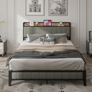 DOMETOUR Full-Size Bed Frame Full Metal Bed Frame with Charging Headboard Dark Grey - 1 of 4