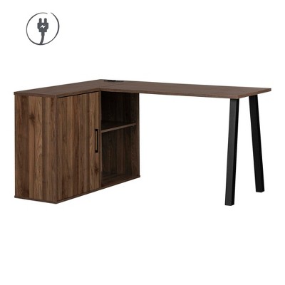 Natural Walnut L-Shaped Computer Desk with USB Port and Filing Cabinet