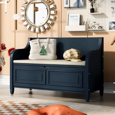 Entryway Storage Bench with Cushioned Seat, Shoe Rack and Drawers Antique  Navy-ModernLuxe