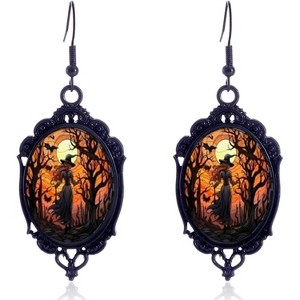 Gothic Witch Cameo Dangle Earrings with Crystal Glass, Vintage Punk Victorian Halloween Statement Jewelry for Women - 1 of 4
