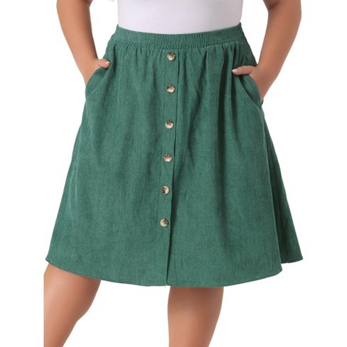 Agnes Orinda Women s Plus Size Elastic High Waist Button Front A Line Midi Corduroy Skirt with Pocket Green 3X