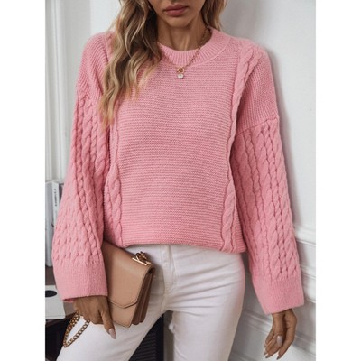 Womens Sweater Tops Cable Knit Round Neck Casual Pullover Sweater